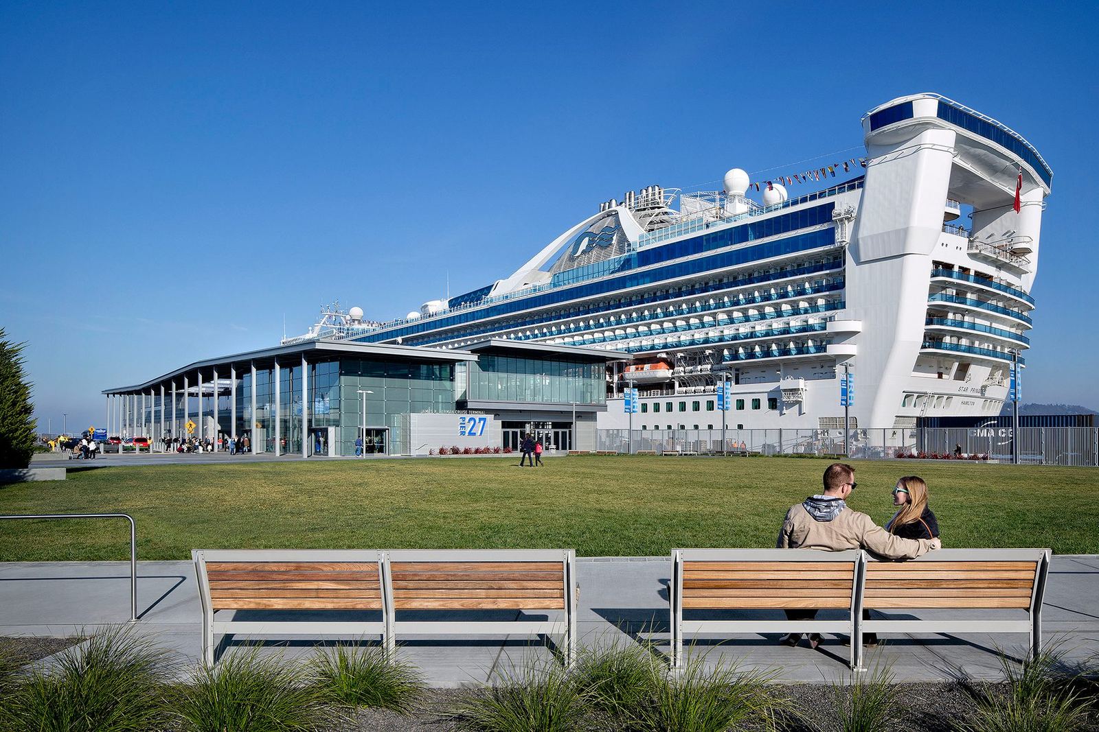 The James R. Herman Cruise Terminal at Pier 27 with a cruise ship docked alongside