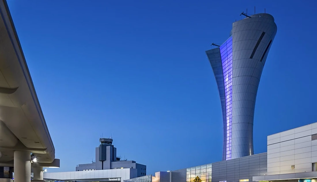 SFO air traffic control tower at dusk