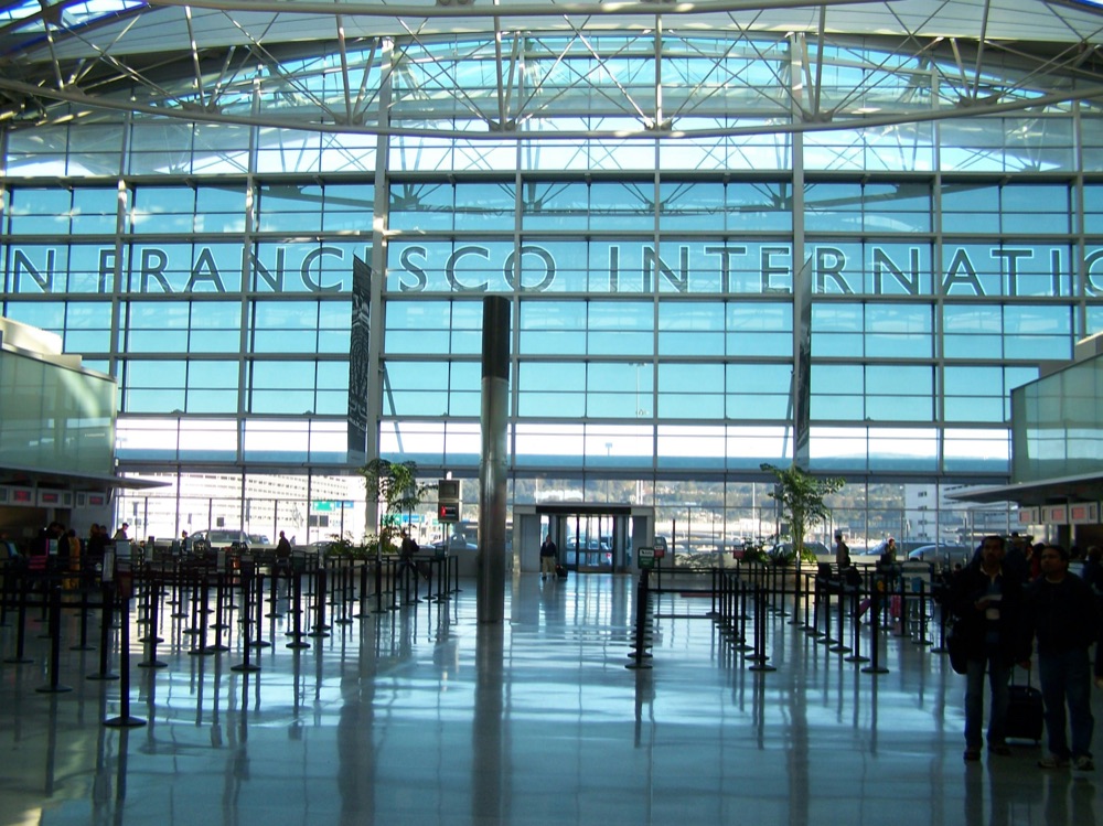 International Terminal interior with glass curtain wall at SFO