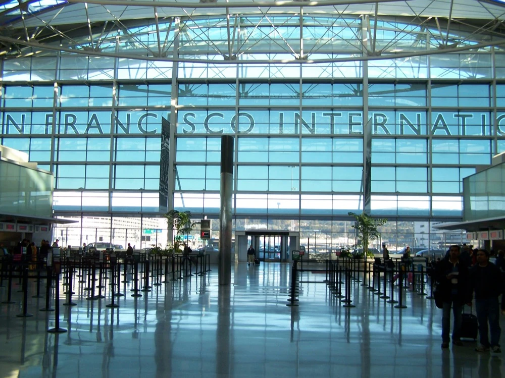 International Terminal interior with glass curtain wall at SFO